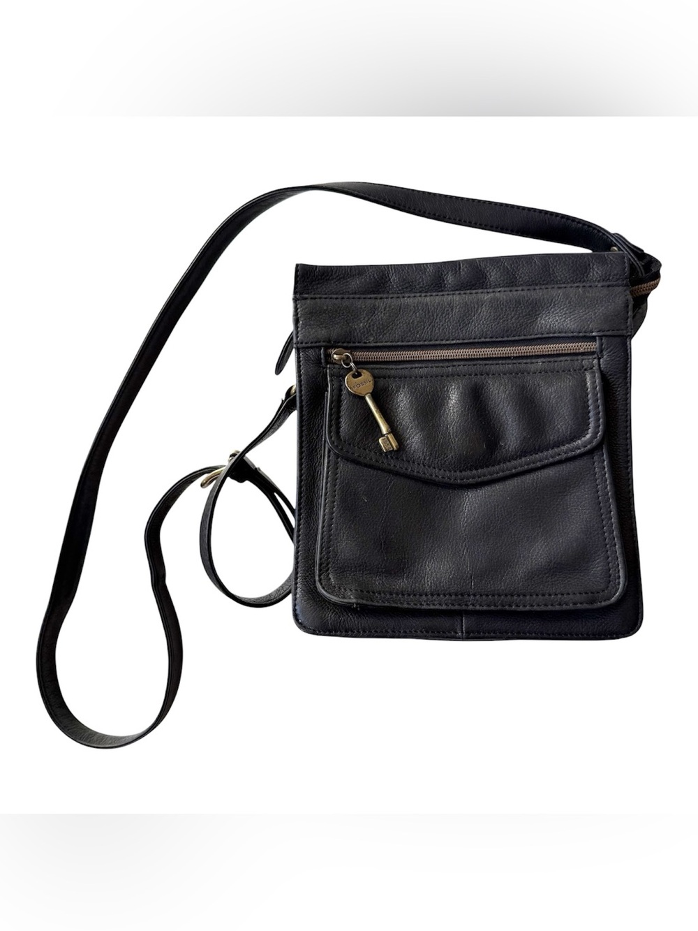 Fossil Black Pebbled Leather Crossbody Messenger Bag Brass Key Charm 75082